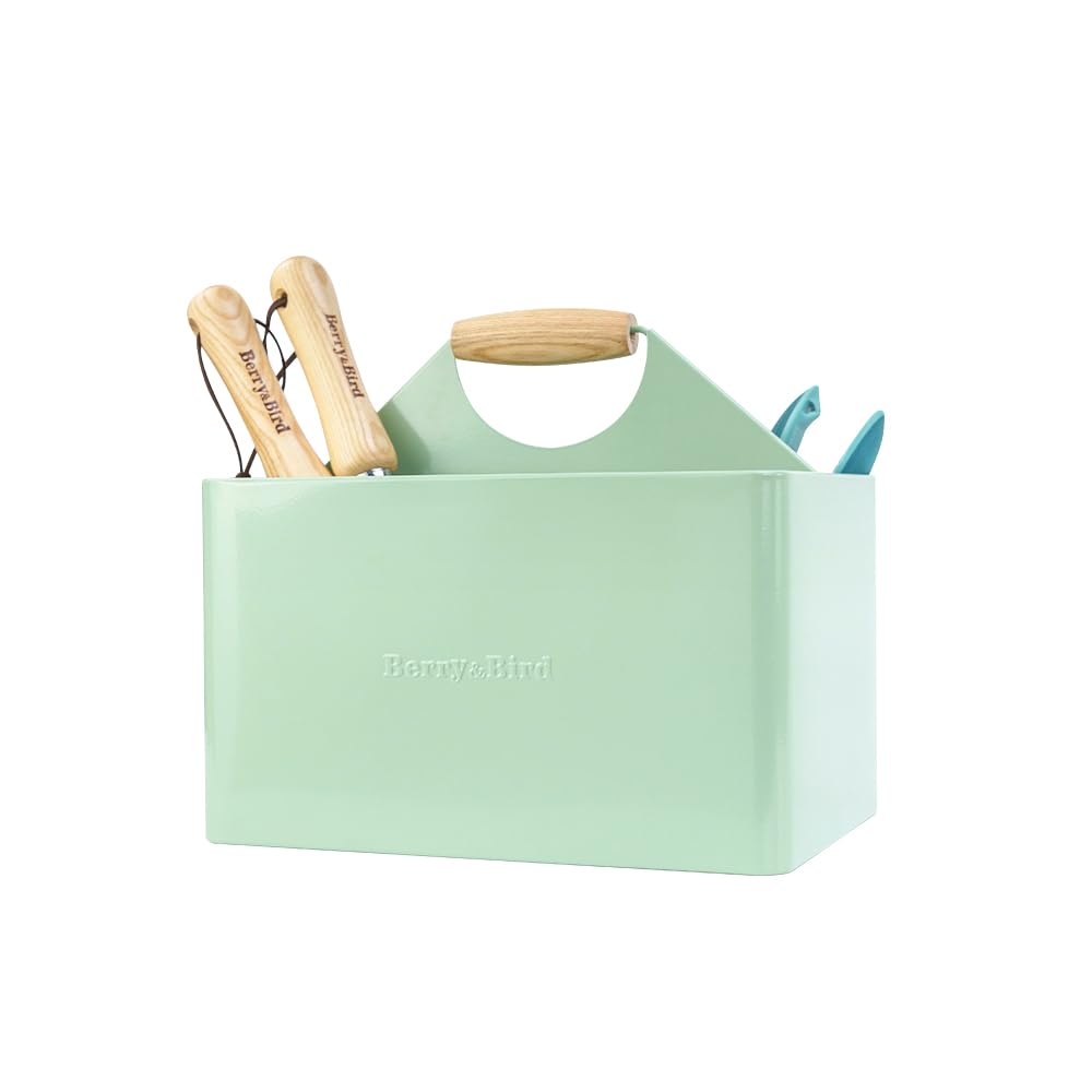 Berry&Bird Garden Tool Organiser - Metal Garden Caddy with 4 Compartments and Wooden Handle - Sage Green