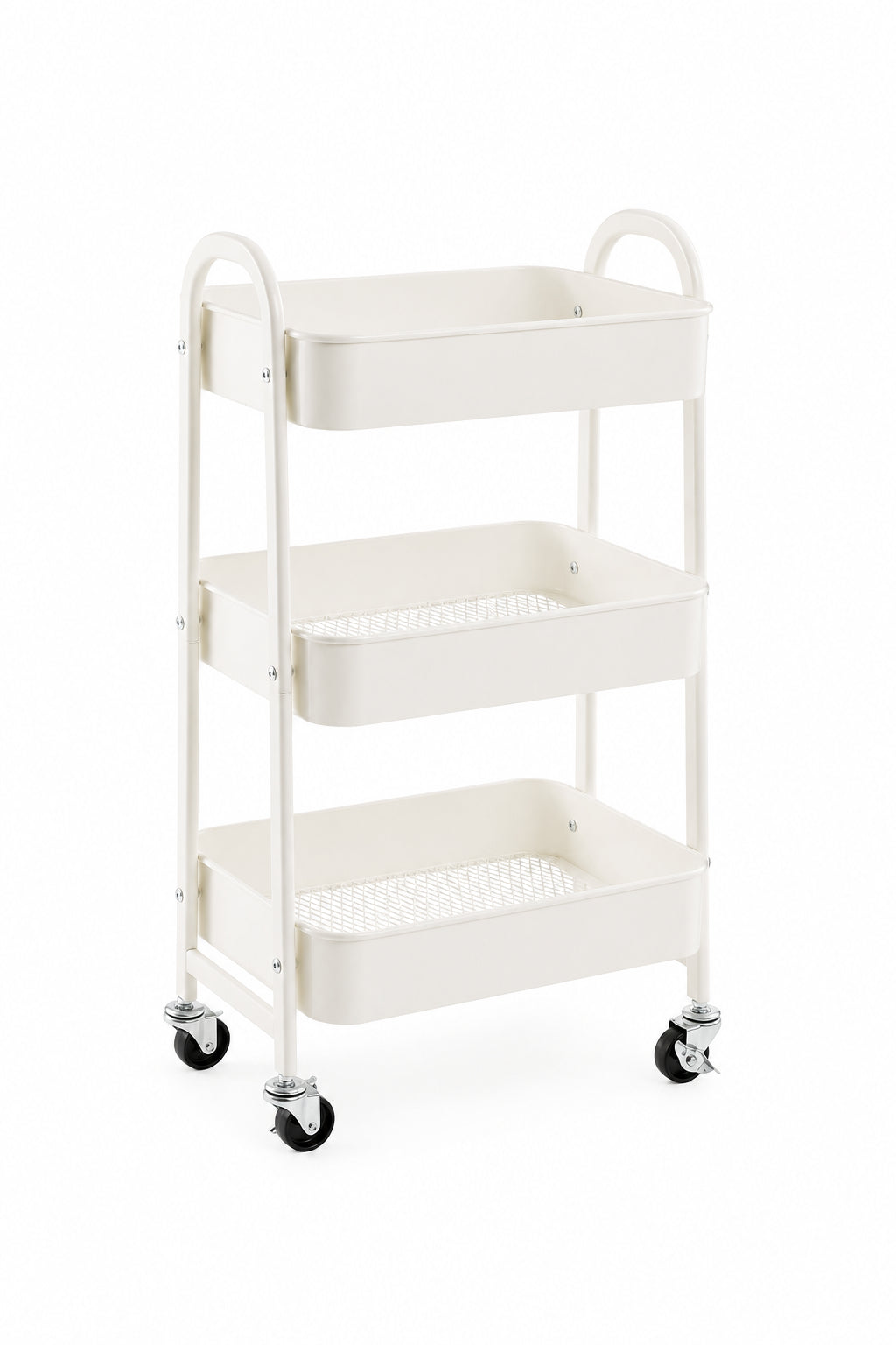 White three-tier rolling cart with metal wheels on a white background