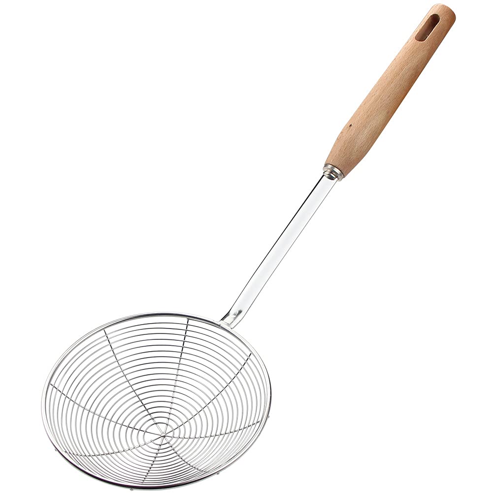 IQCWOOD Spider Strainer Skimmer with Wood Handle - 14cm Fryer Scoop for Cooking and Frying
