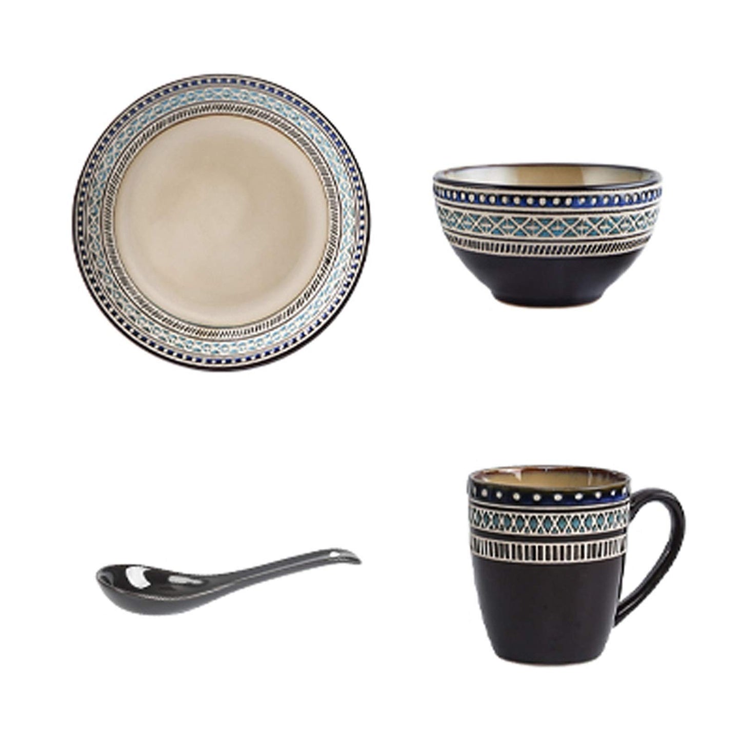 Ceramic Dinnerware Set - Relief Craft - 4 Piece Set - Dinner Plate, Bowl, Mug and Spoon