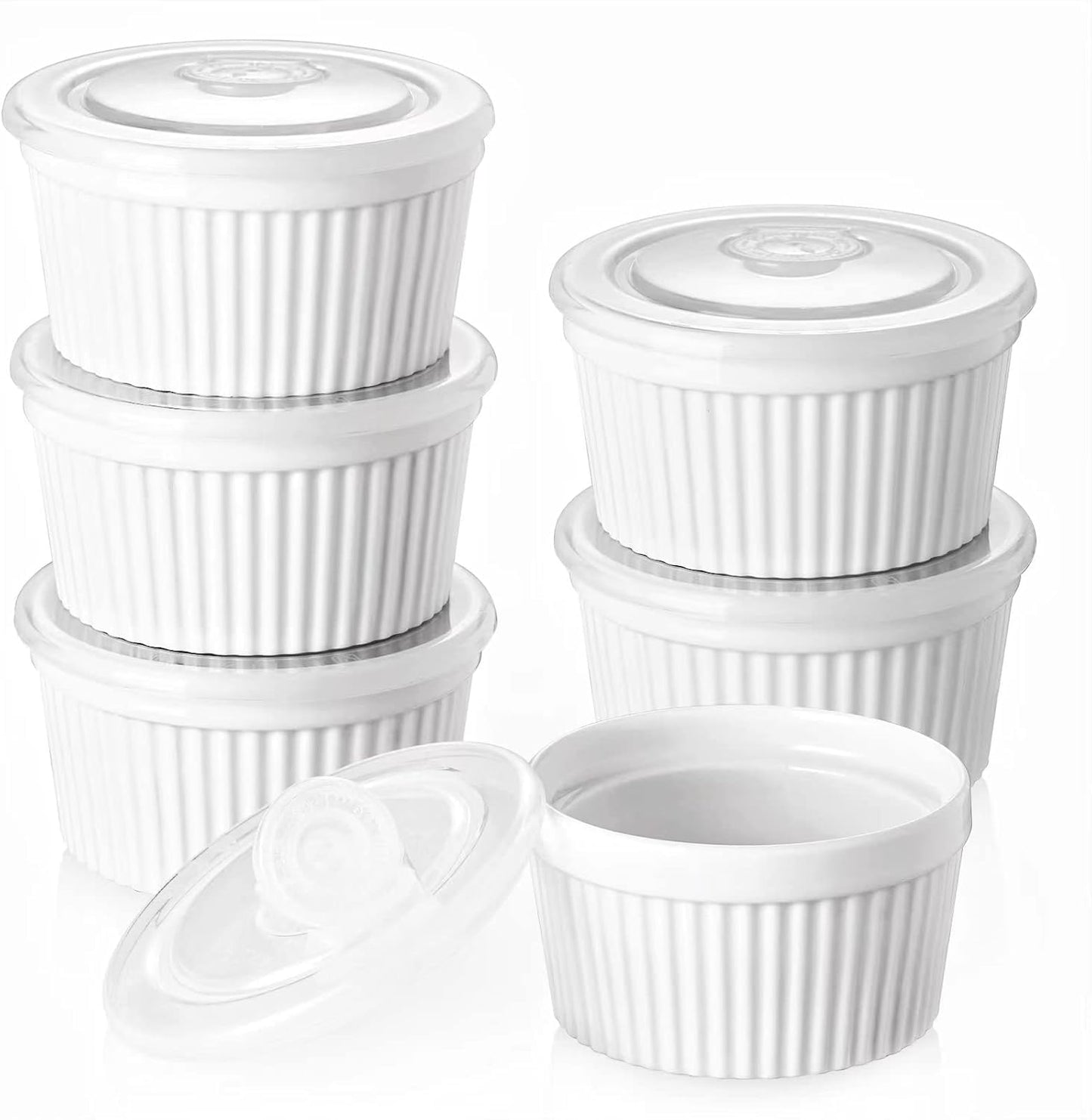 DOWAN Ramekins 240ml Oven Safe with Lids - Set of 6 - Crème Brûlée Ramekins - Soft White