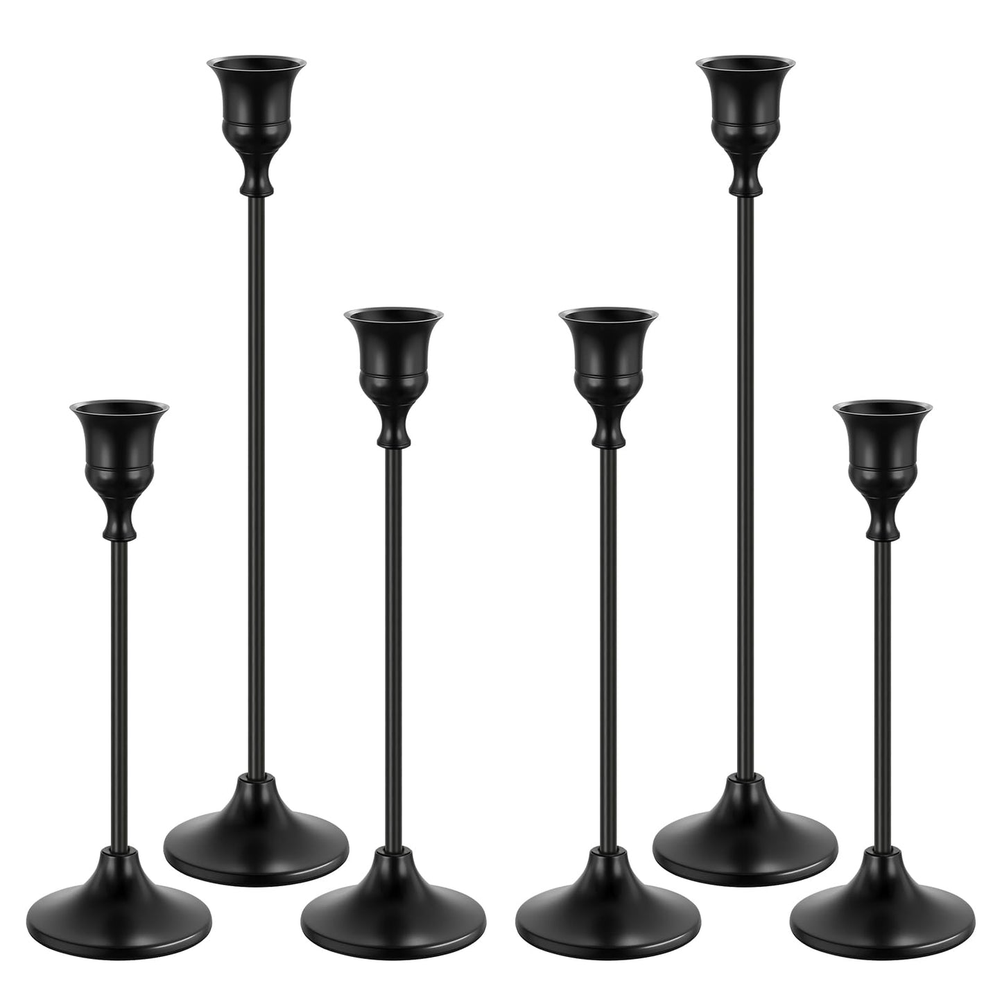Black Candlestick Holders - Set of 6 - Metal Taper Candle Holders - Three Heights - Non-Slip Base