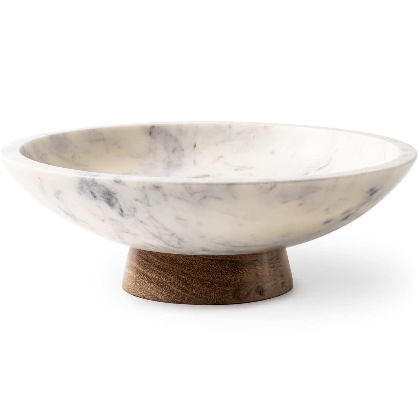 Cork & Mill Marble Decorative Bowl - 28cm - Handcrafted Natural Stone with Acacia Wood Pedestal