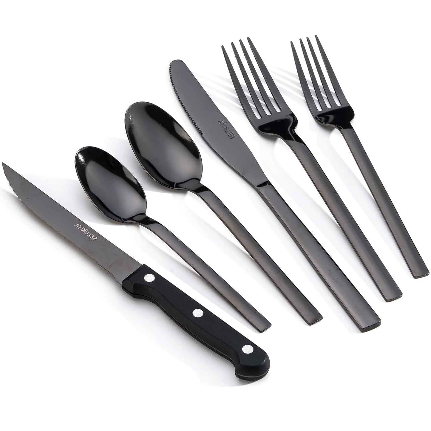 SELUKIYA 24 Piece Silverware Flatware Service for 4 - 18/0 Stainless Steel - Black