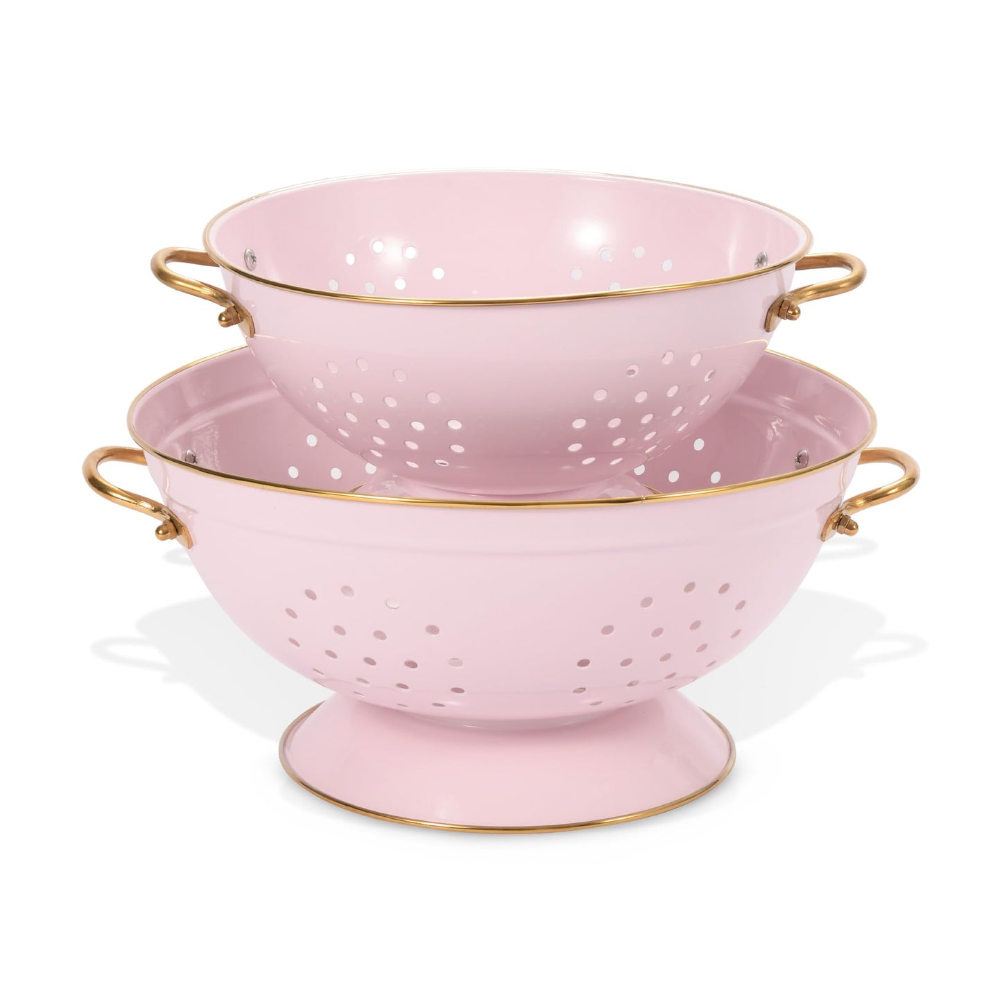 Two pink colanders with gold handles on a white background