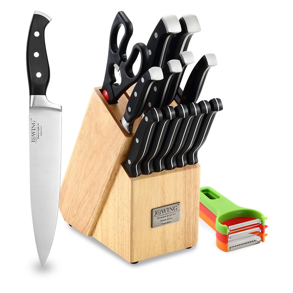 JXWING 18-Piece Kitchen Chef's Knife Set Block with Peeler - German High Carbon Stainless Steel