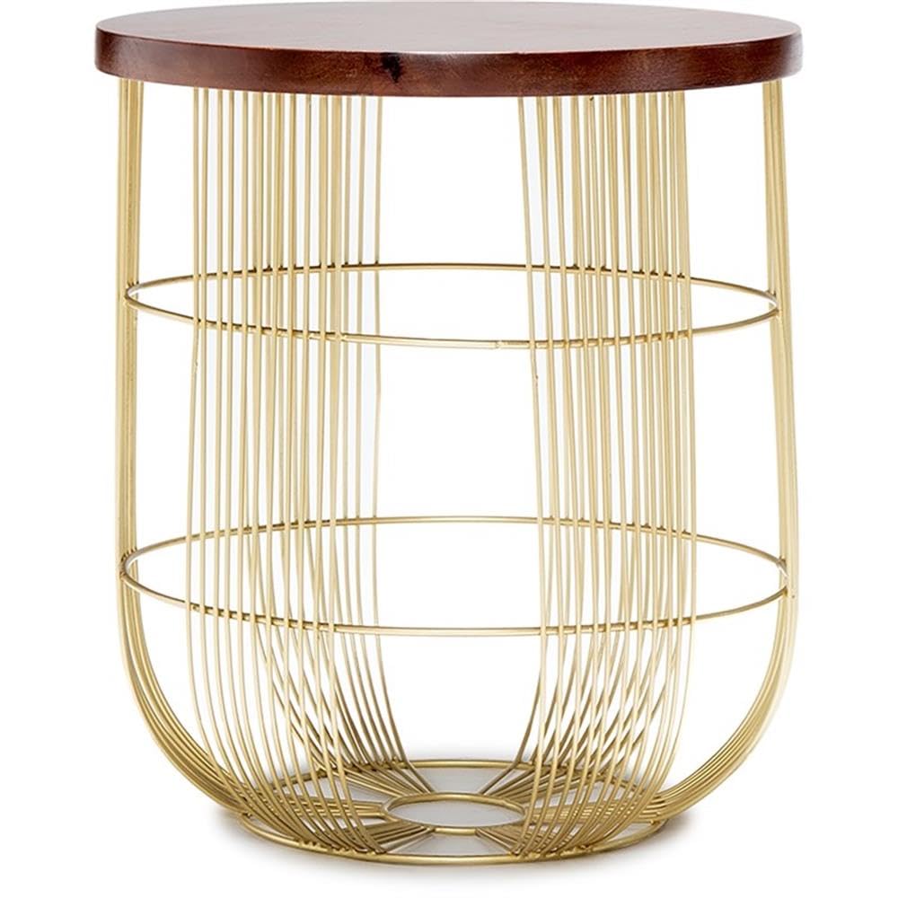 Finch Maxwell Gold Metal Side Table - Small Round Accent Drum End Table - Solid Wood Top - Fully Assembled