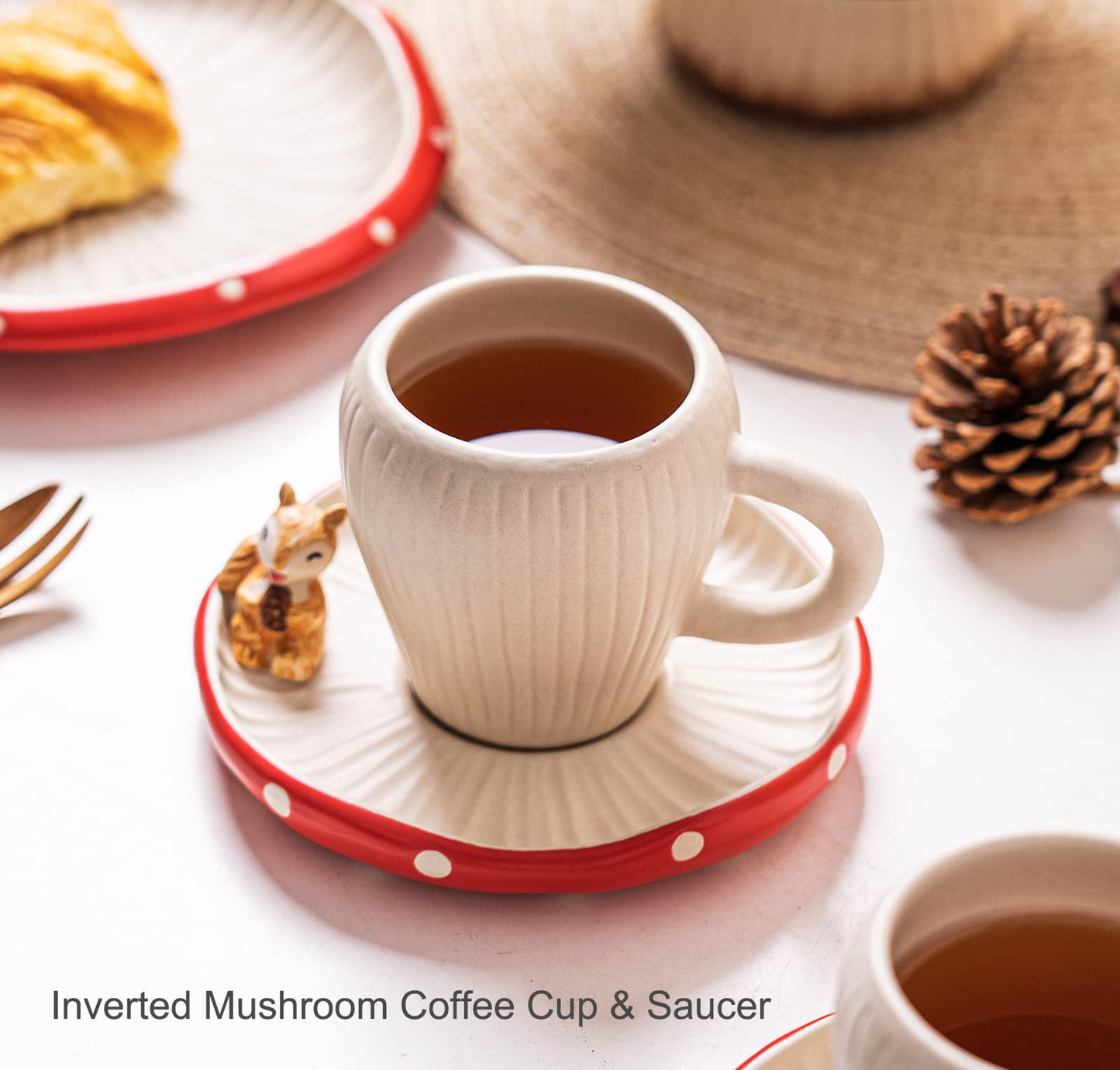 RESVUGA Cute Mushroom Mug with Saucer, Handmade Glaze Polka Dot, with Squirrel Decoration on the Plate. Safety Matt Ceramic Coffee Cups, 11 oz Cartoon Tea Cup. Best Gifts for Women & Girls.