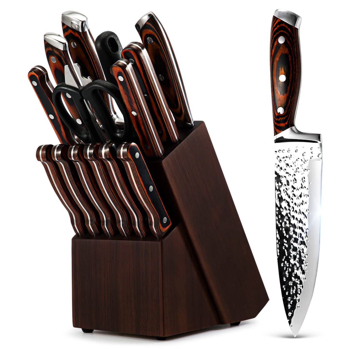 Vvwgkpk Kitchen Knife Set 15-Piece with Block Wooden - High Carbon Japan Stainless Steel Hammered Collection