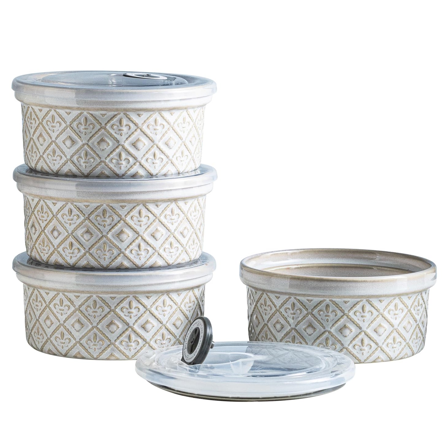 MISSYSSIM Ceramic Soufflé Small Baking Dishes for Oven - 475ml Charcuterie Bowls Crème Brûlée Ramekins Set with Lids - Set of 4 - Beige