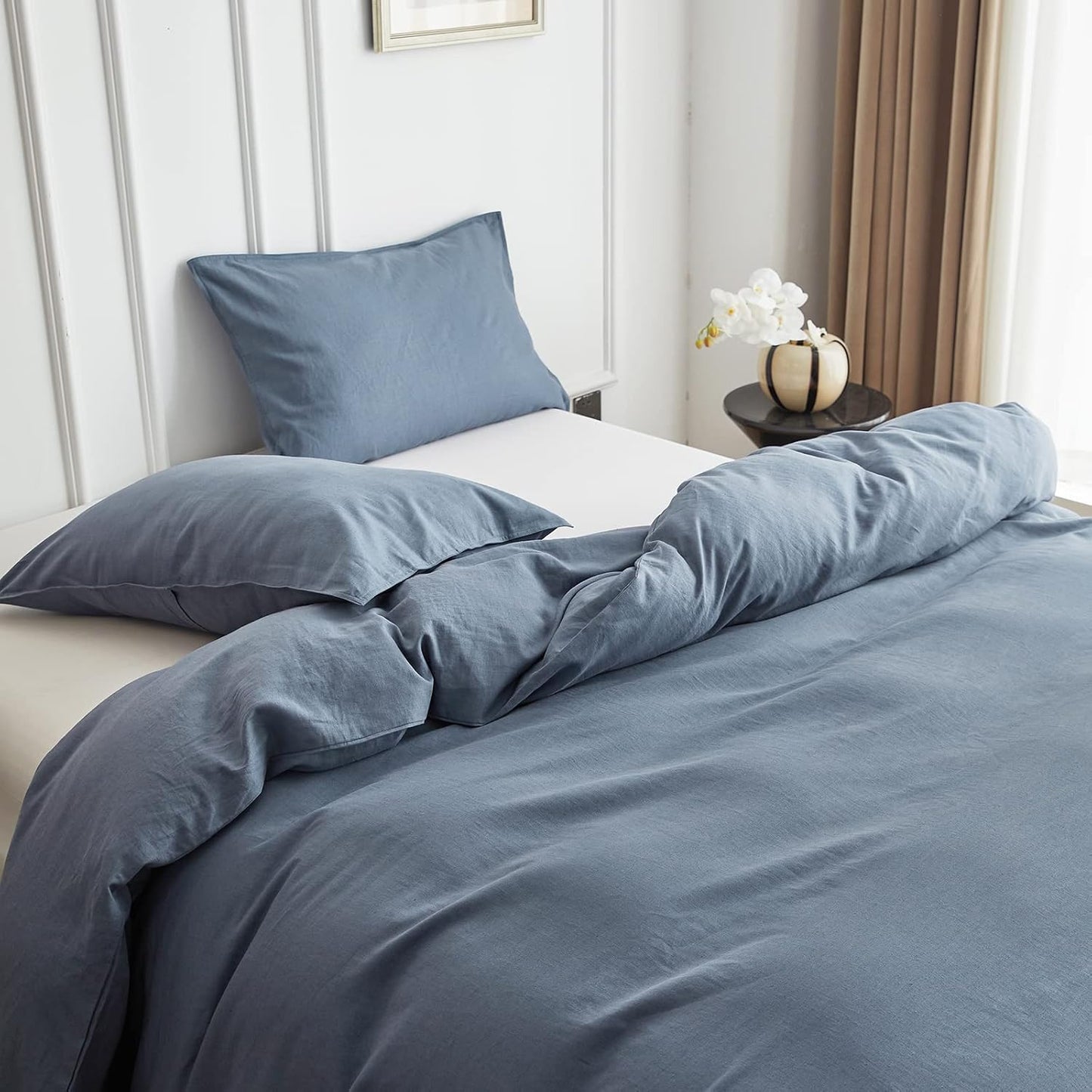 Simple&Opulence Linen Duvet Cover Double,Natural Linen Cotton Duvet Cover with Pillowcase,Duble Size Bedding Set,Soft Warm Breathable Bed Quilt Cover with Button Closure,200x200cm,Navy Blue