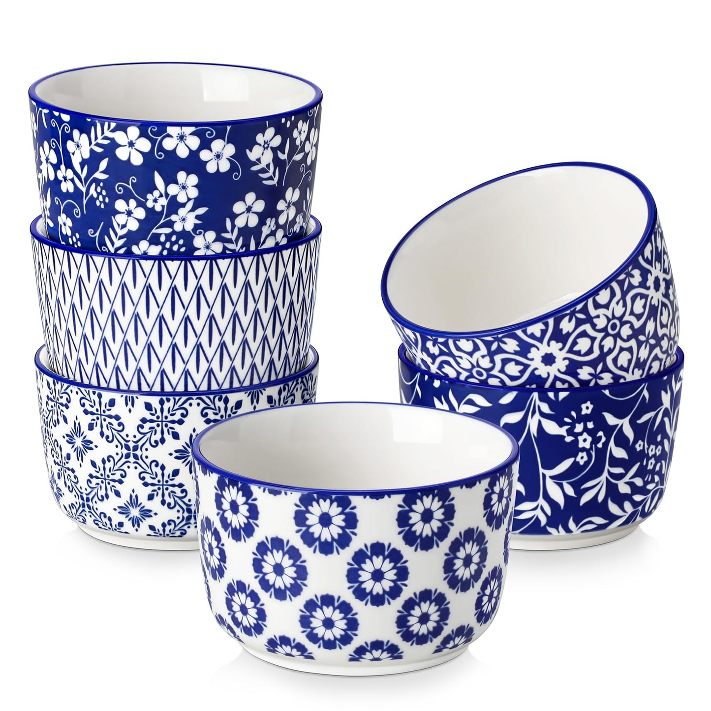 vancasso Selene 180ml Ceramic Ramekins Set of 6 - Microwave & Dishwasher Safe - Blue Floral