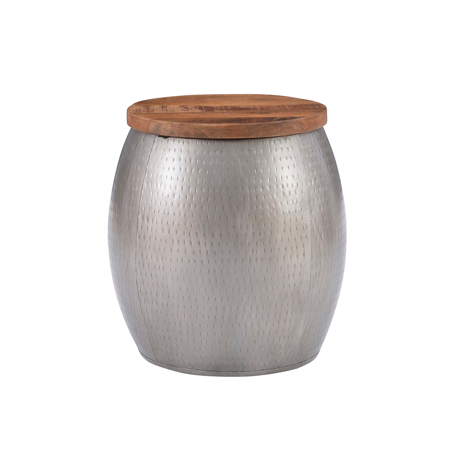 Powell Janice Pewter Hammered Metal Round Drum Side Table with Storage and Wood Top - 41cm