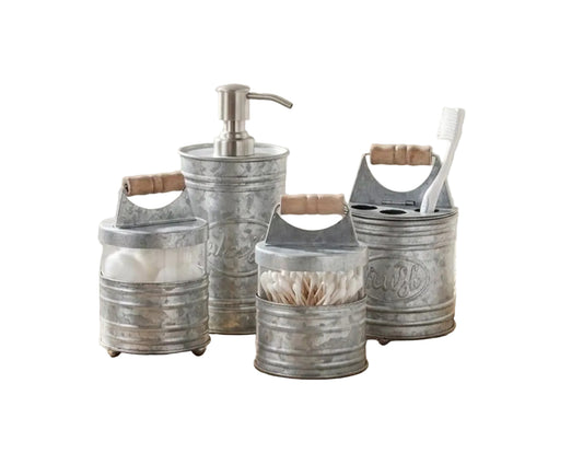 Bathroom counter with metallic containers and a window in the background