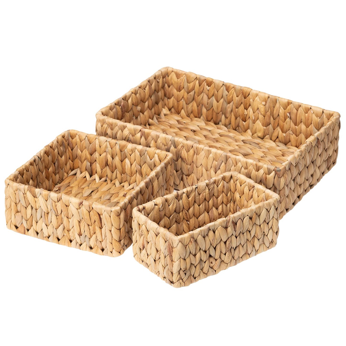 FairyHaus Hand-Woven Water Hyacinth Storage Baskets - Natural - 3 Pack - Wicker Baskets for Pantry and Shelves