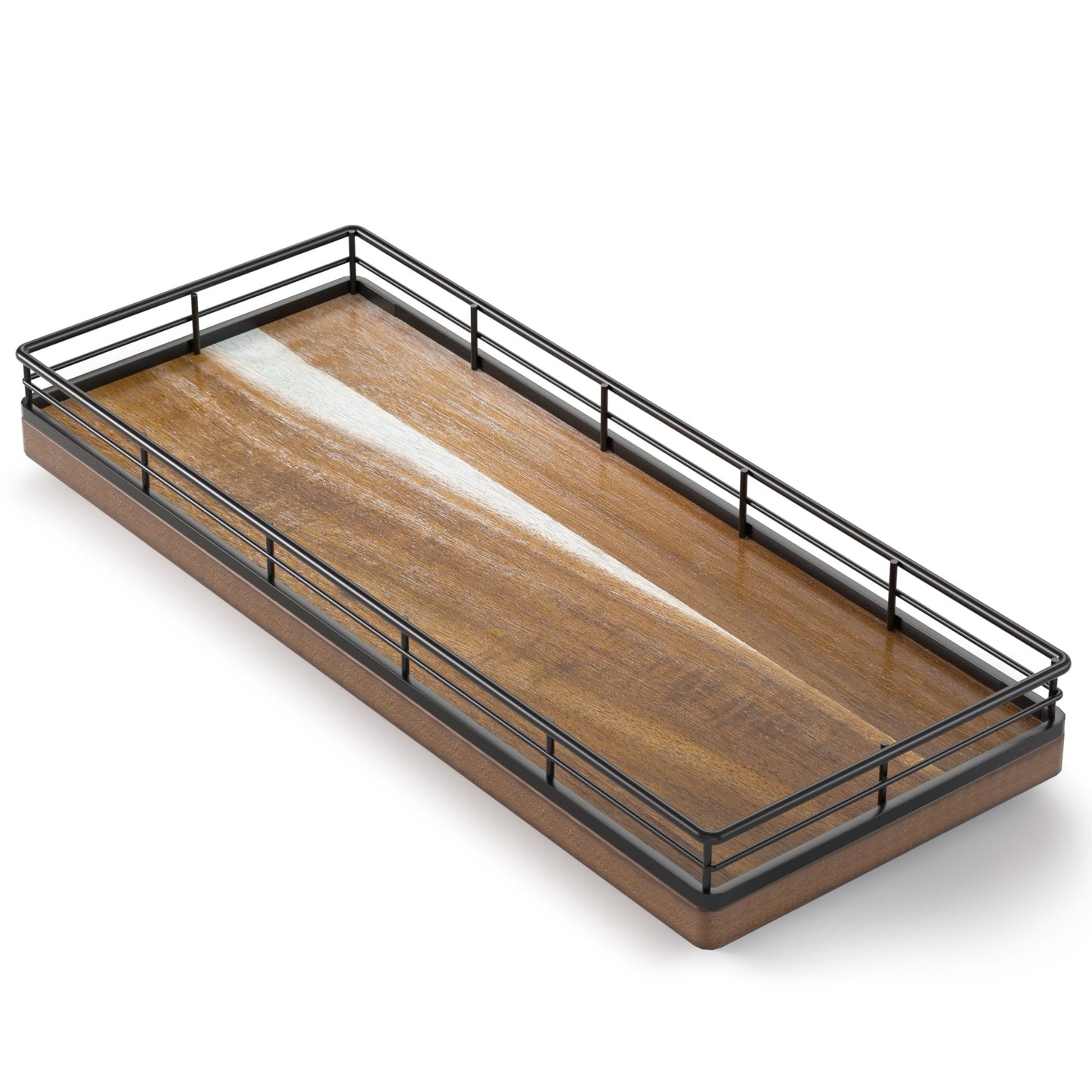 Focusonit Acacia Wood Bathroom Vanity Tray - 28cm - Small Countertop Tray - Iron Mesh Edges