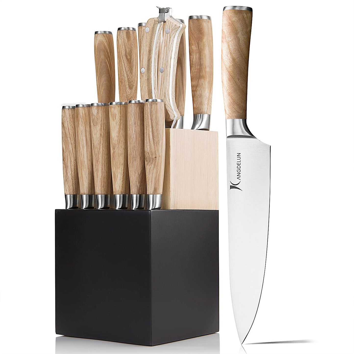 Kangdelun Natura Series 14 Piece Knife Block Set - Ultra Sharp High Carbon Stainless Steel with Wooden Handle