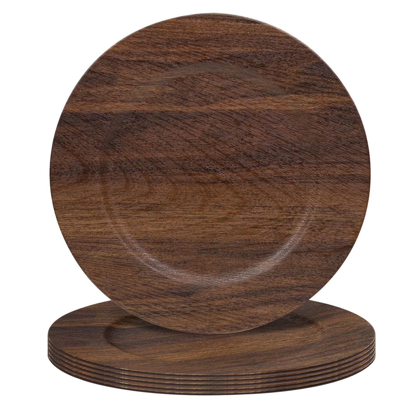 MAONAME Round Charger Plates Set of 6 - 33cm Brown Charger for Dinner Plates - Farmhouse Faux Wood Plate Chargers