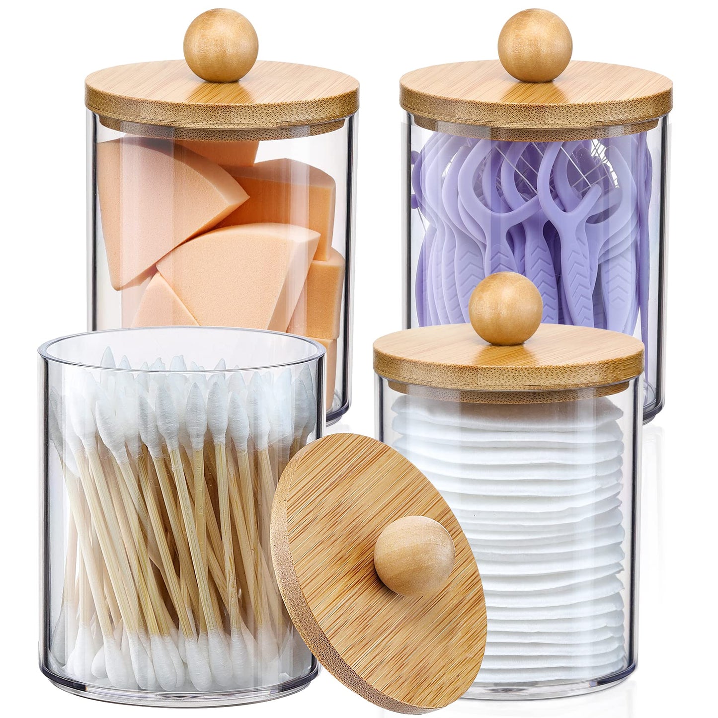 4-Pack Clear Apothecary Jars with Bamboo Lids — Qtip & Cotton Ball Vanity Organiser Set
