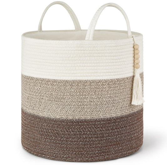 Mkono Woven Storage Basket - 41 cm x 35 cm - Natural Rope Basket with Wooden Bead Decoration and Handles