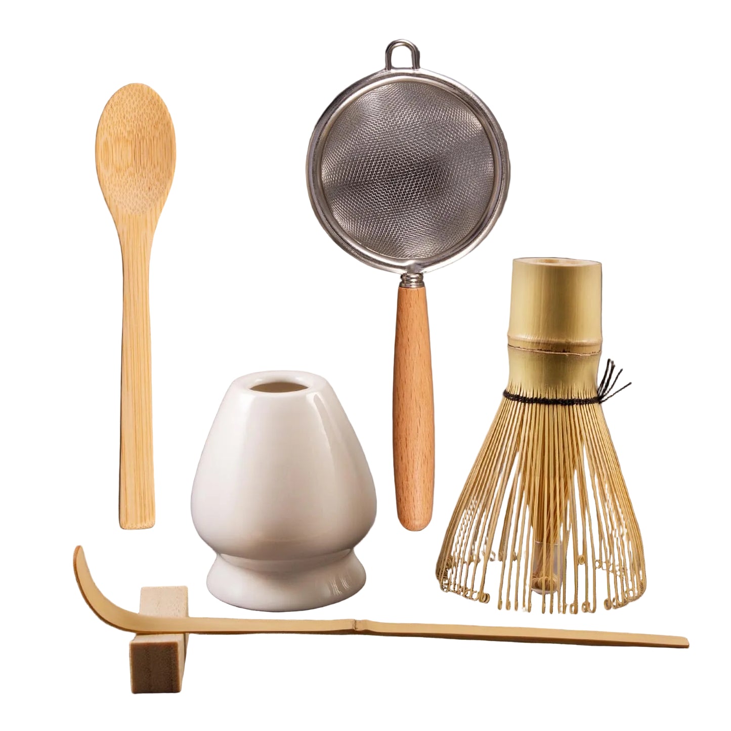 COANTO Matcha Whisk Set - Includes Sifter Bamboo Whisk (Chasen), Tea Spoon, Spoon Holder, Scoop and Whisk Holder - 6pcs (No Bowl Included)