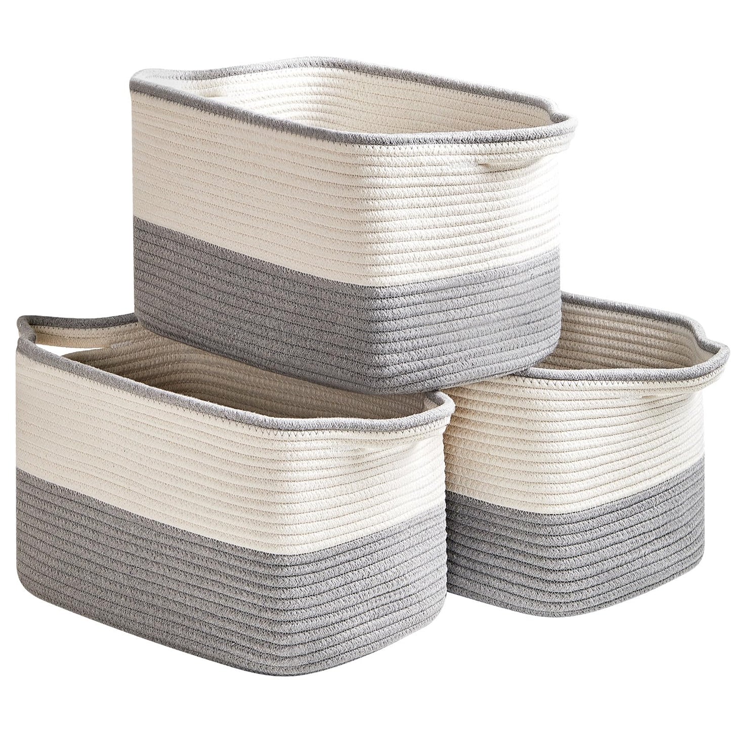 R RUNKA Cotton Rope Storage Baskets - White & Grey - Set of 3 - 38 cm x 26 cm x 23 cm