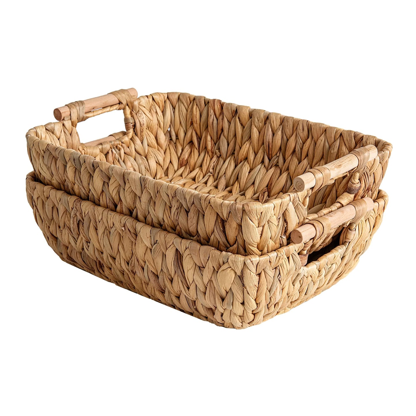 StorageWorks Hand-Woven Water Hyacinth Storage Baskets - Natural - 2-Pack - Large with Wooden Handles