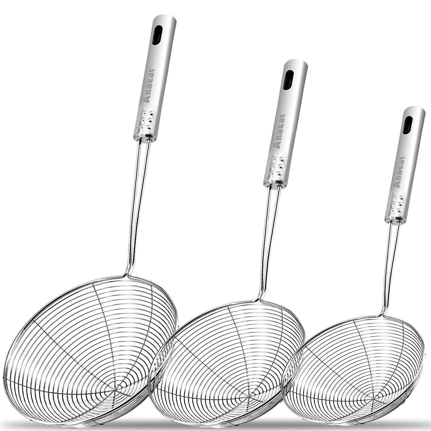 Anaeat Stainless Steel Spider Skimmer - Set of 3 Professional Kitchen Pasta Strainer Spoons