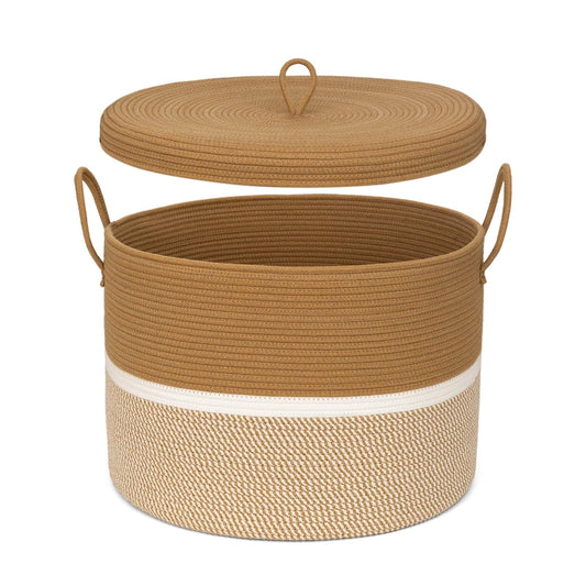Woven Cotton Rope Laundry Hamper with Lid - 52 cm x 52 cm x 38 cm - Foldable Storage Basket