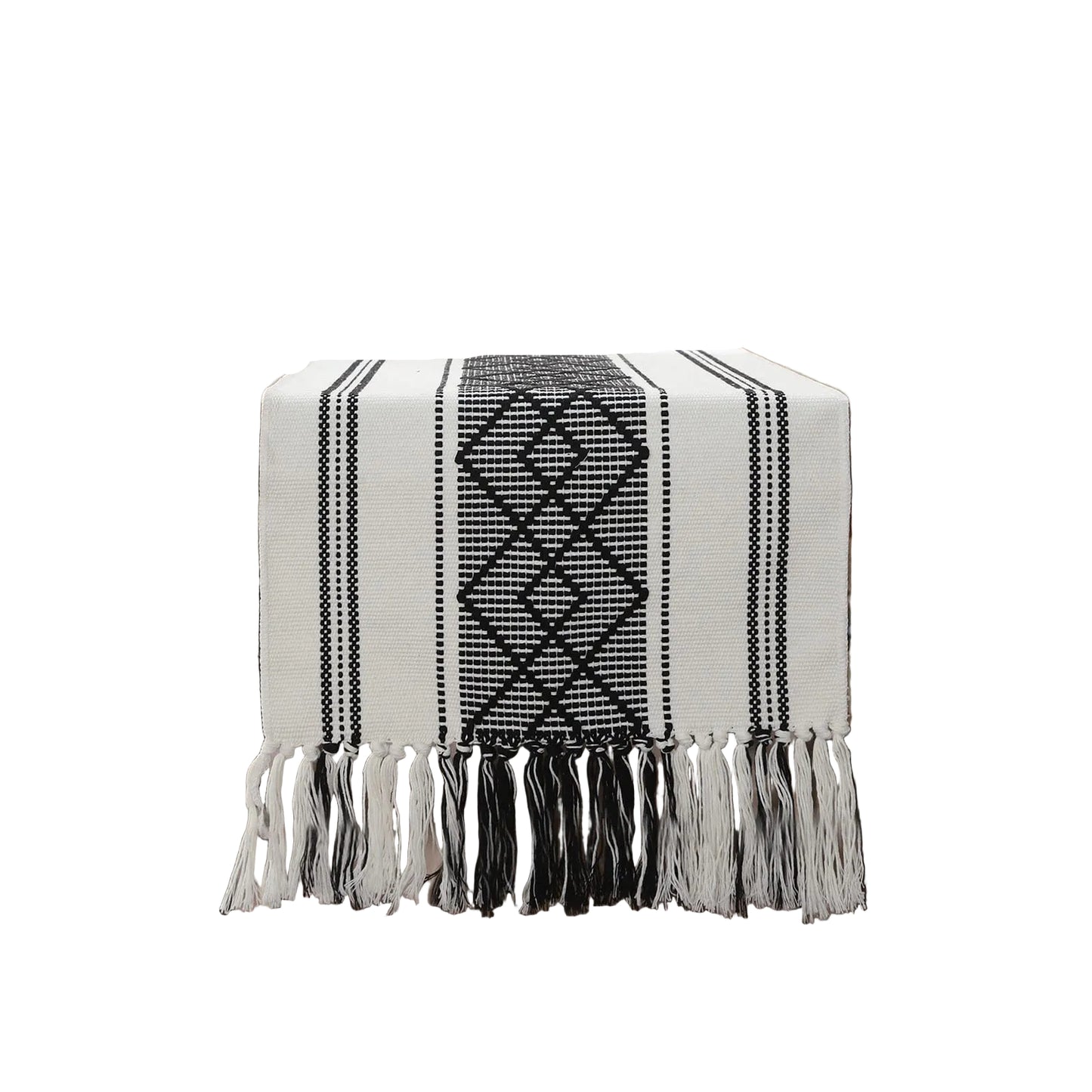 Wracra Rustic Linen Table Runner - 33cm × 183cm - Embroidered with Hand-Tassels