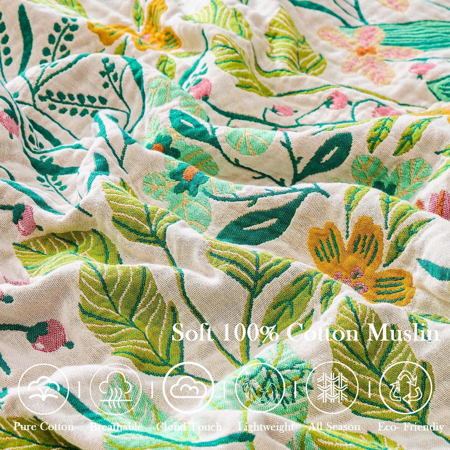KMBFWU Boho Cotton Muslin Throw Blanket — 100% Cotton, Floral Pattern, 127 × 152 cm, Beige