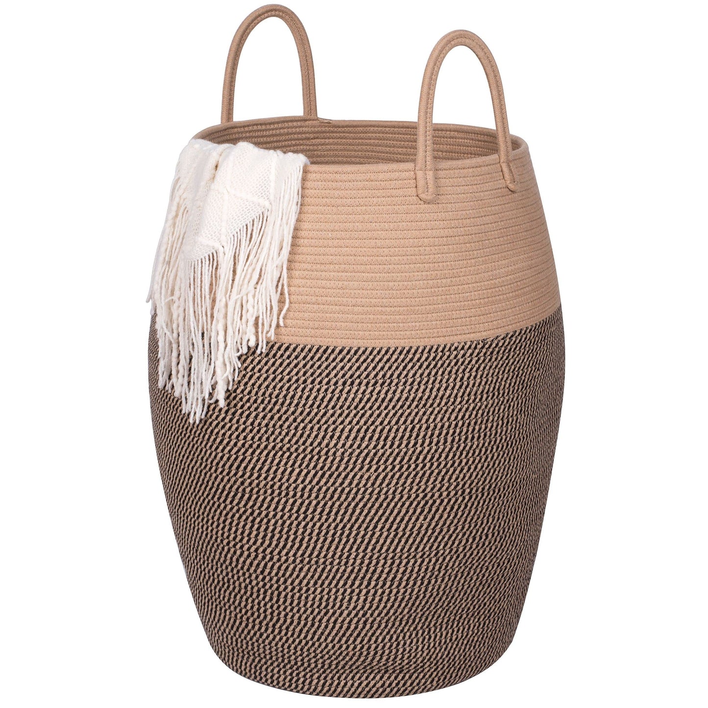 MINTWOOD Design Extra Large Cotton Rope Storage Basket - Brown & Black - 65 cm High - Tall Laundry Hamper with Handles