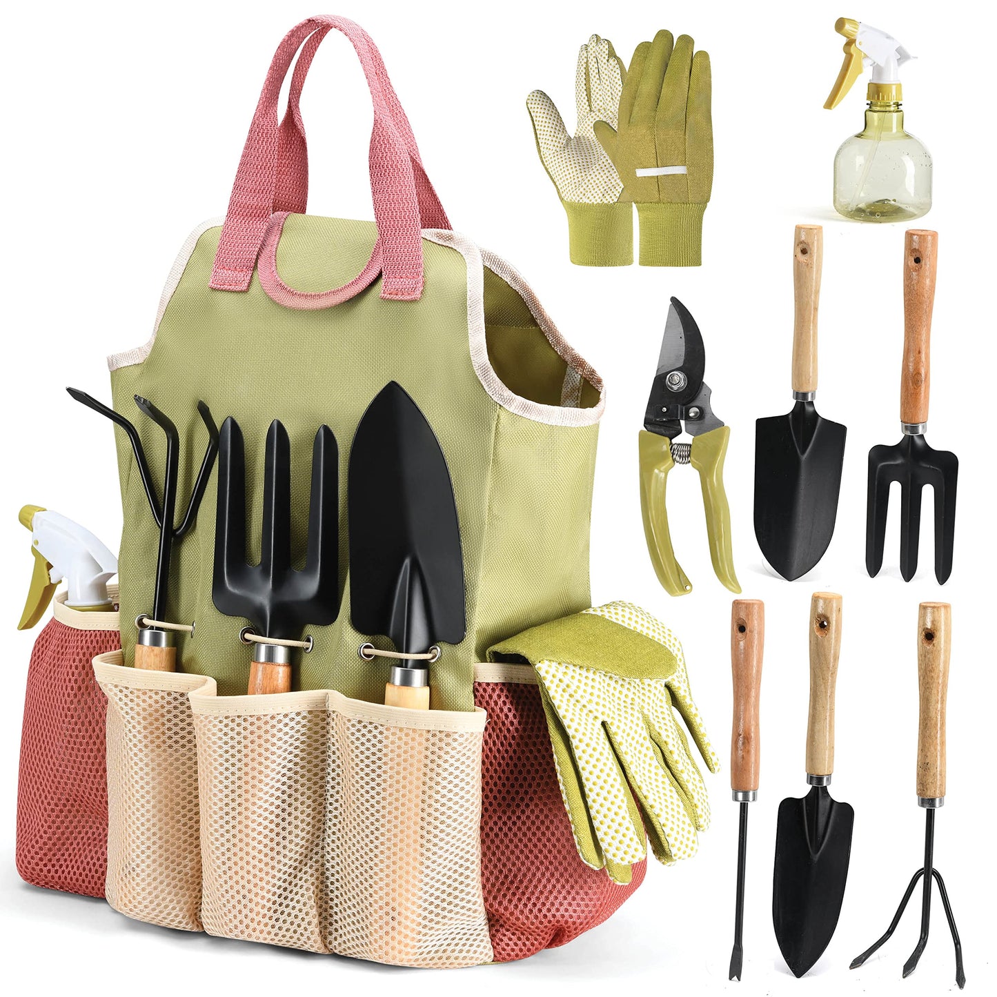 Gardening Tools Set of 10 - Complete Heavy Duty Garden Tools Set with Fashion Handbag - Durable Gardening Supplies Kit