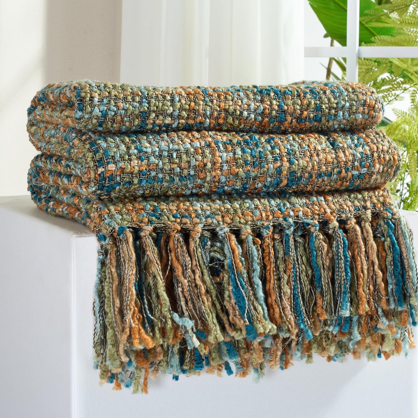 GINAMUSE Boho Cable Knit Throw Blanket with Tassels — 127 × 152 cm, Multi-Colour