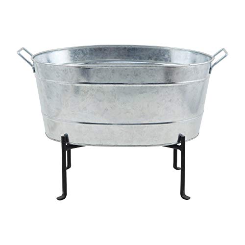ACHLA Designs Classic Oval Galvanised Tub with Folding Stand - Galvanised Steel and Black - C-51-S1