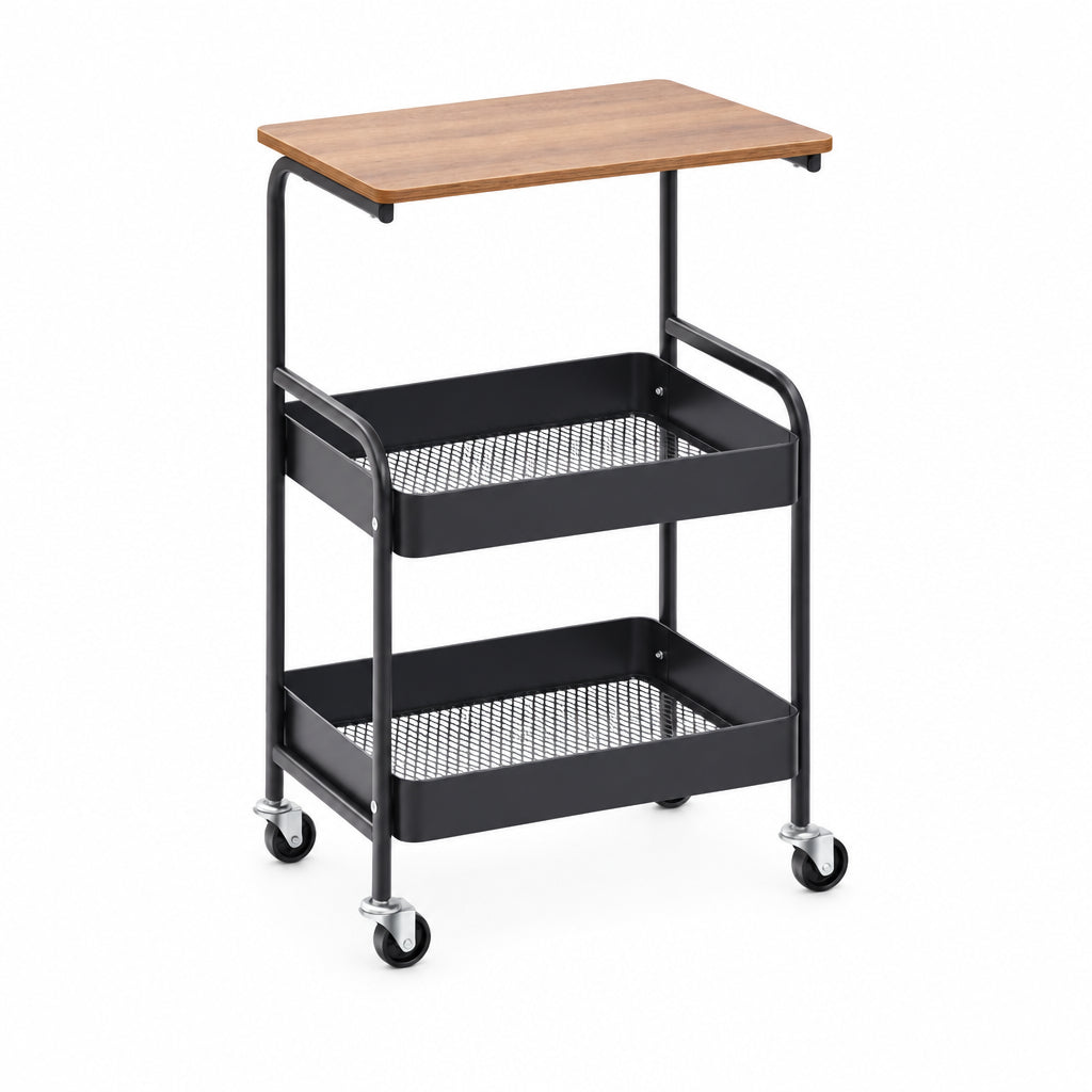 A three-tier rolling utility cart with a wood-grain top shelf, two black metal mesh storage baskets, and caster wheels, shown on a plain white background.