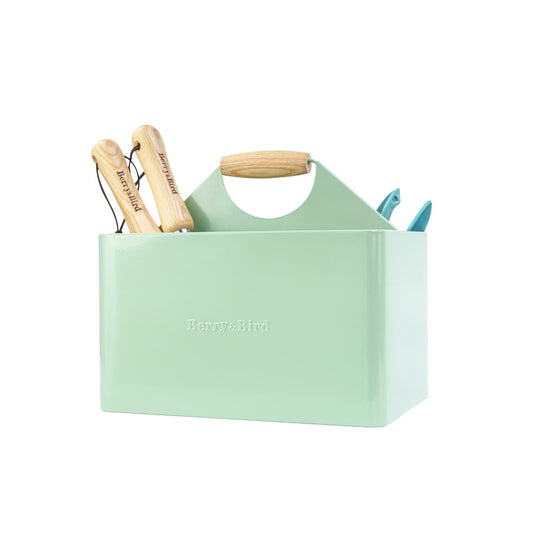 Berry&Bird Garden Tool Organiser - Metal Garden Caddy with 4 Compartments and Wooden Handle - Sage Green