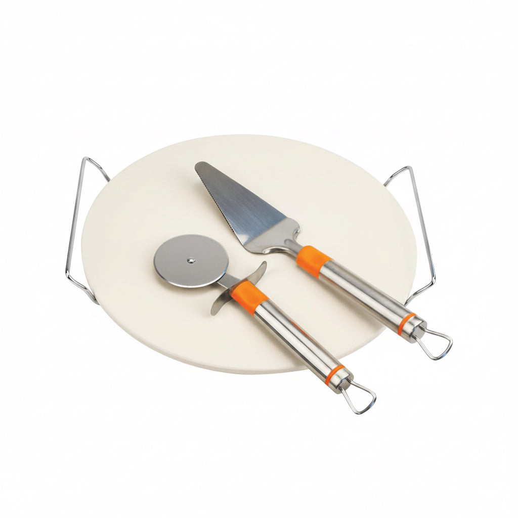 ALVA 30cm Pizza Stone With Lifter & Cutter | Ceramic stone with chrome steel carry rack