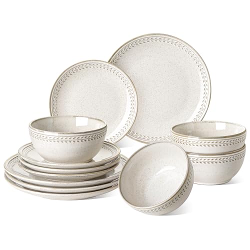 LE TAUCI Dinnerware Sets for 4 - 12 Piece Ceramic Dish Set - Reactive Beige