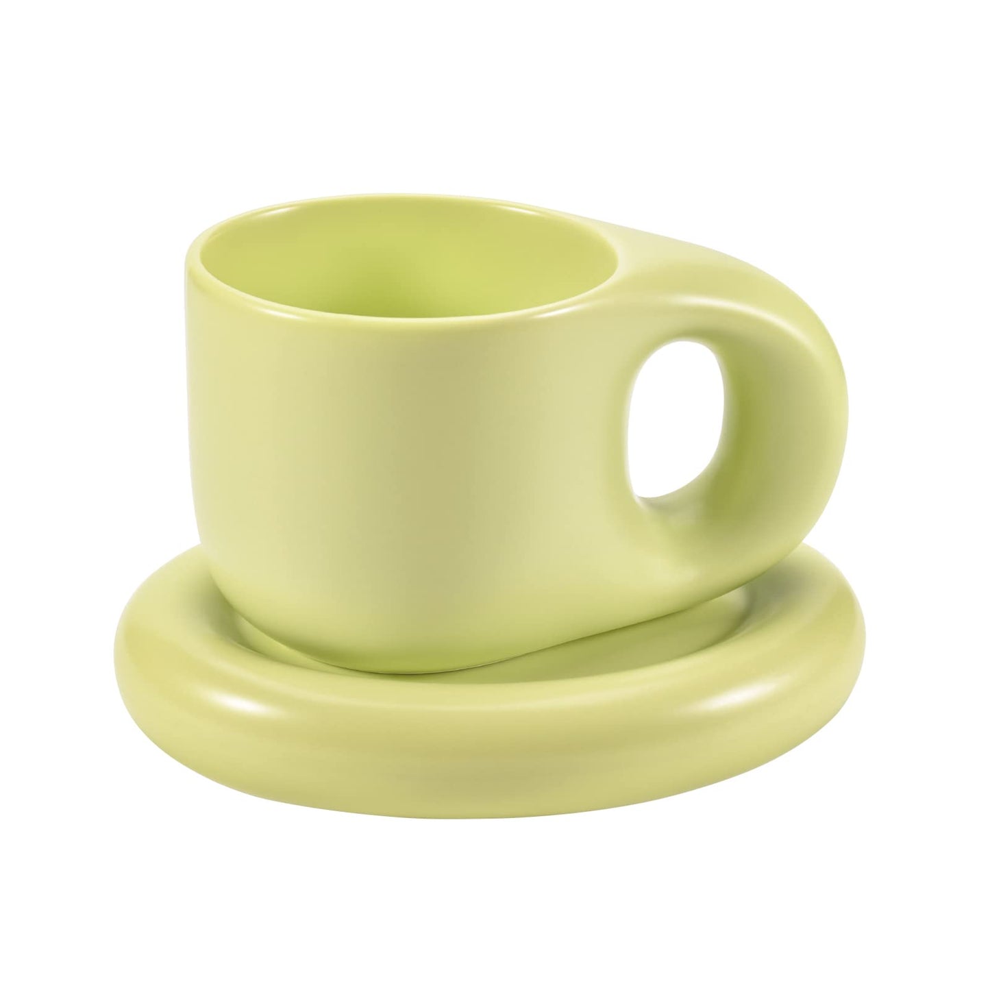 Koythin Ceramic Coffee Chubby Mug Saucer Set - Creative Cute Fat Handle Cup with Saucer - 300ml - Green