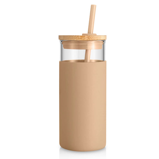 Tronco 590ml Glass Tumbler with Lid and Straw - Iced Coffee Cup and Smoothie Cup with Bamboo Lid - Amber
