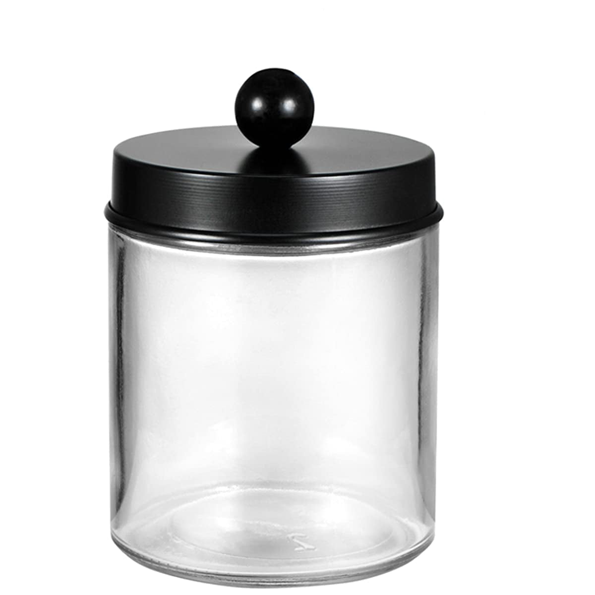 Clear glass jar with a black lid and measurements on a white background
