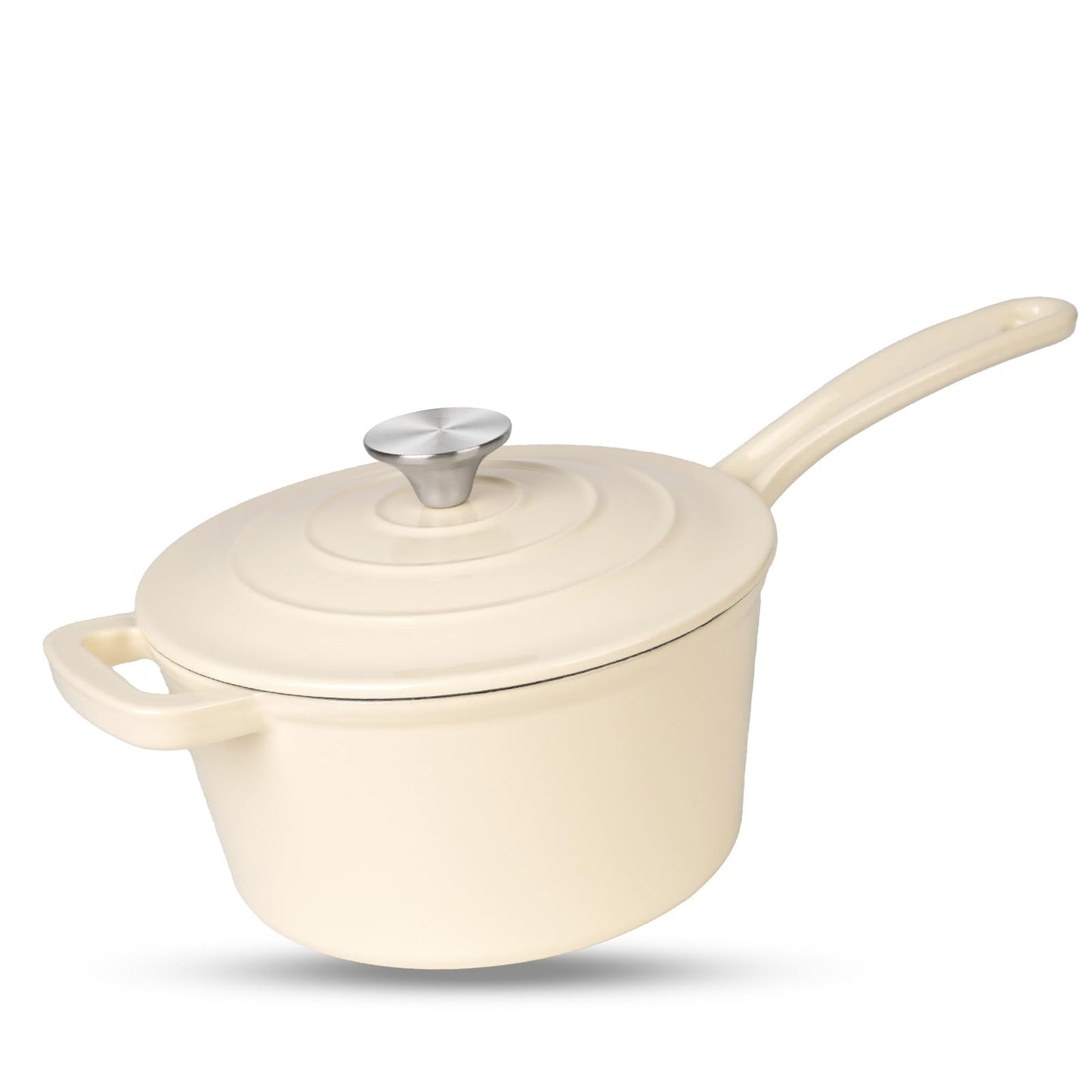 UFEH Enamelled Cast Iron Sauce Pan - 1.9L Round Sauce Pot with Lid - Cream White