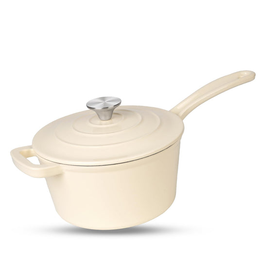 UFEH Enamelled Cast Iron Sauce Pan - 1.9L Round Sauce Pot with Lid - Cream White