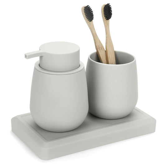 DAHACIS Bathroom Accessories Set, Modern 3 Pcs Bathroom Essentials - Soap Dispenser, Toothbrush Holder & Tray, Countertop Vanity Organizer (Beige)