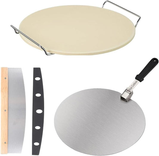13-inch Round Pizza Stone Set, Cordierite Baking Stone with Foldable Steel Peel and Pizza Cutter