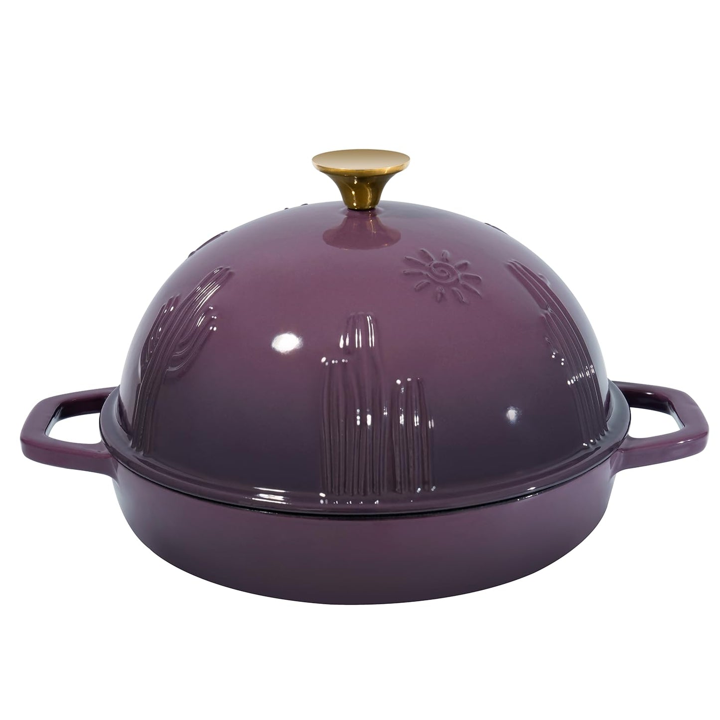 Purple enameled cast iron Dutch oven with a lid on a white background