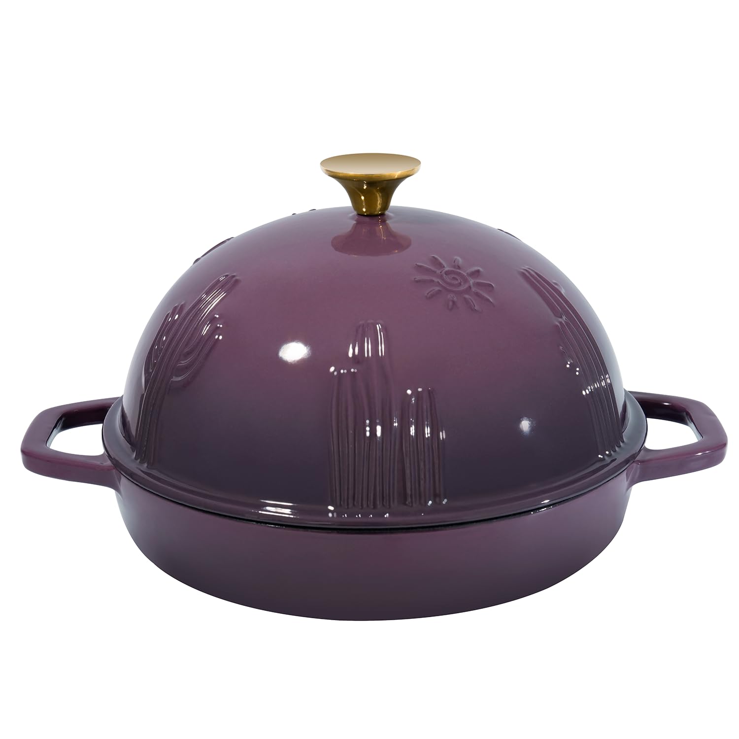 Purple enameled cast iron Dutch oven with a lid on a white background