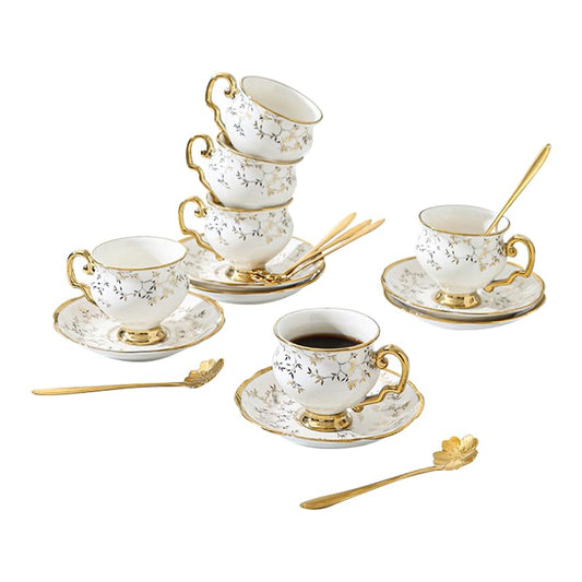 Ceramic Coffee Cup and Saucer Set - 100ml Small Coffee Mug Set - Gold Rim White