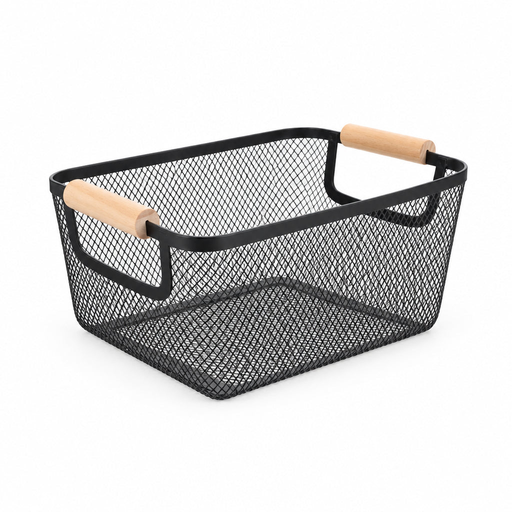 A rectangular black metal mesh basket with light natural wood handles, shown on a plain white background.